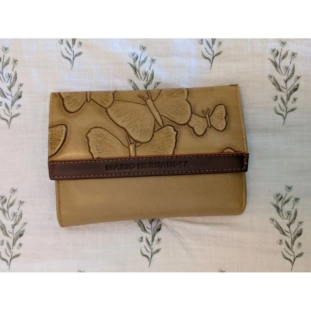 Designer Mario Hernandez Tan Brown Leather Butterfly Trifold Wallet - Picture 1 of 10